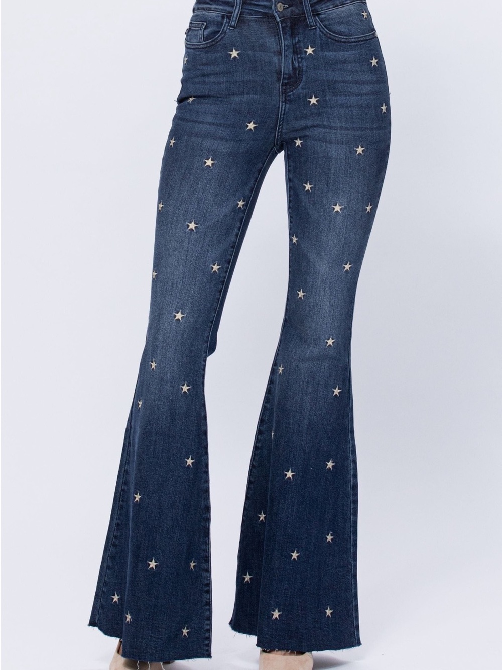 Judy Blue Dark Blue Star-Embroidered High-Rise Super Flare Jeans